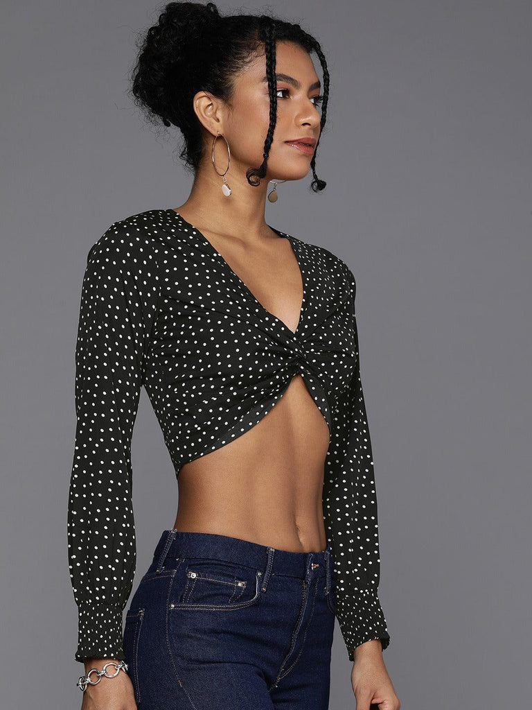 Style Quotient Women Black & White Print Twisted Crepe Crop Top-Tops-StyleQuotient