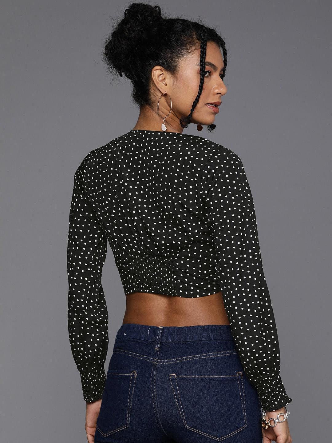 Style Quotient Women Black & White Print Twisted Crepe Crop Top-Tops-StyleQuotient