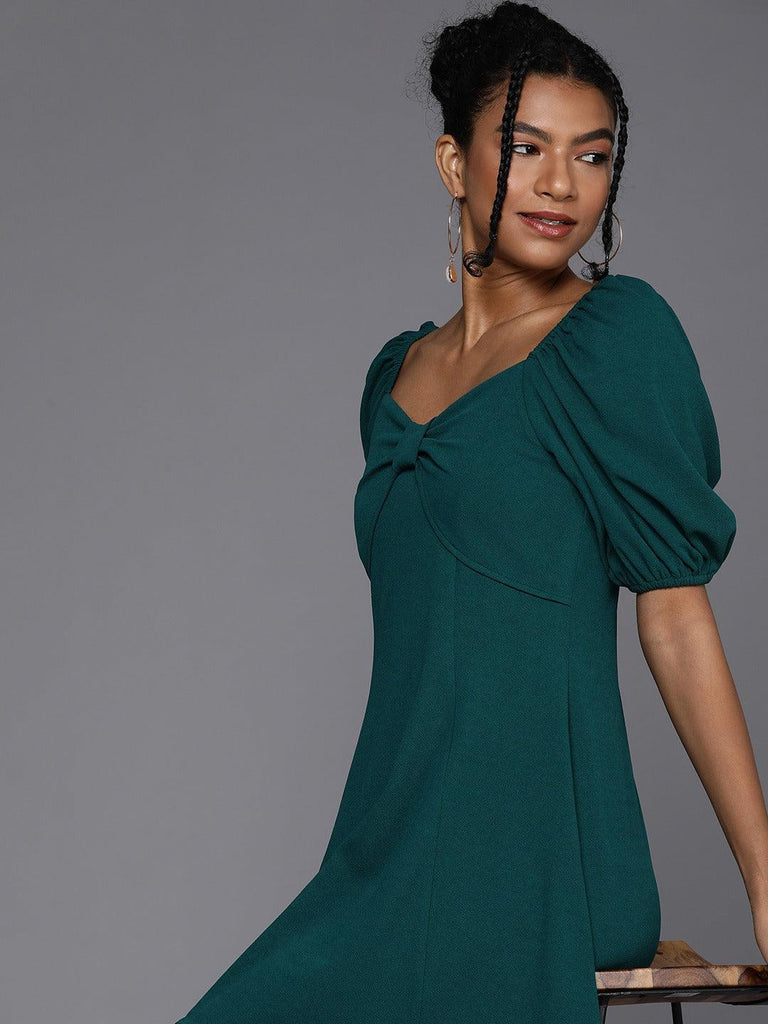 Style Quotient Women Teal Green Puff Sleeves Dress With Twisted Detail-DRESS-StyleQuotient