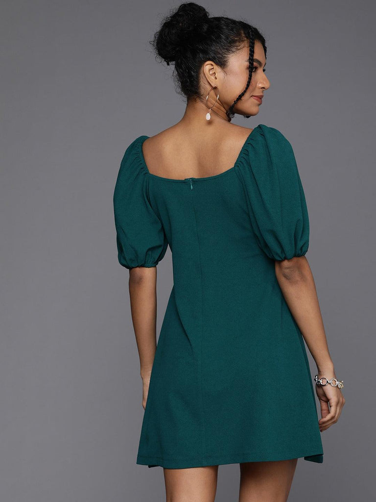 Style Quotient Women Teal Green Puff Sleeves Dress With Twisted Detail-DRESS-StyleQuotient