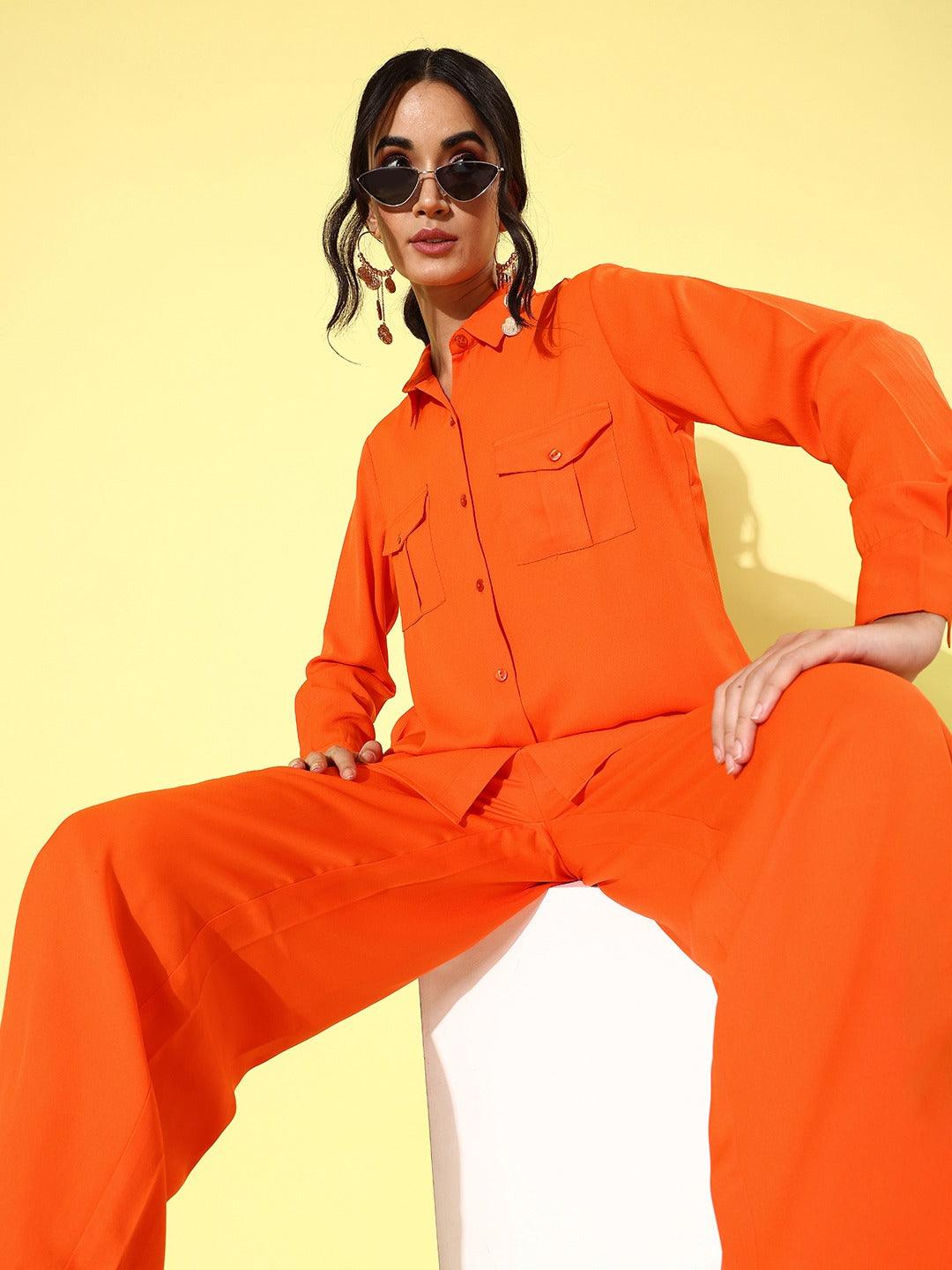 Style Quotient Women Orange Solid Shirt with Trousers-Co-Ords-StyleQuotient