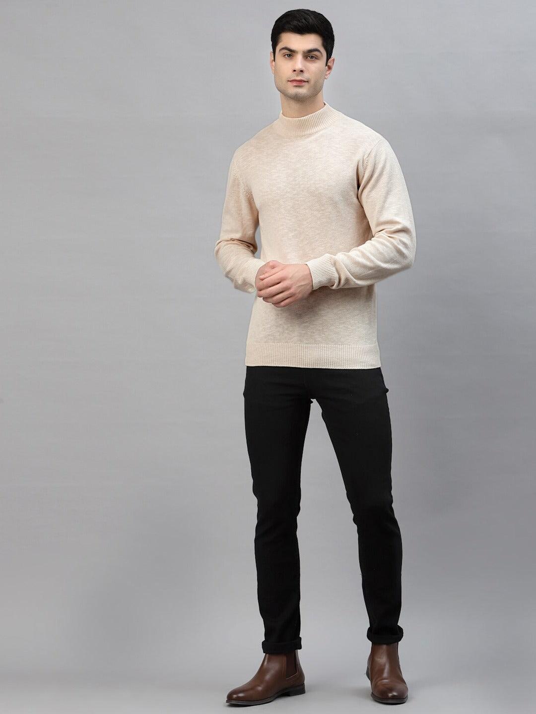 Style Quotient Men Solid Beige Knitted Regular Sweatshirt-Men's Sweatshirts-StyleQuotient