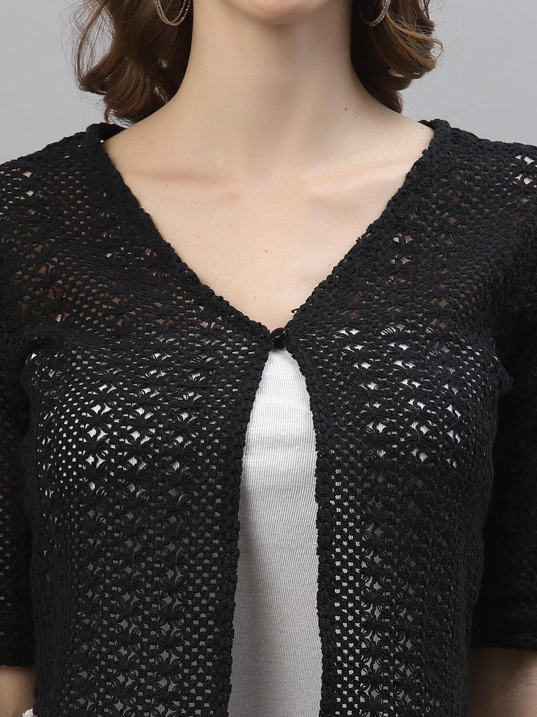 Style Quotient Women Self design black cotton lace regular smart casual shrug-Shrug-StyleQuotient