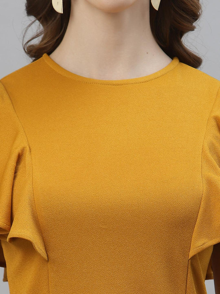 Style Quotient Women Mustard Yellow Solid Flutter Sleeve Top-Tops-StyleQuotient