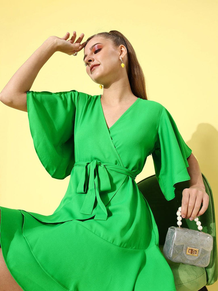 Style Quotient Women Green Solid Wrap Dress-Dresses-StyleQuotient
