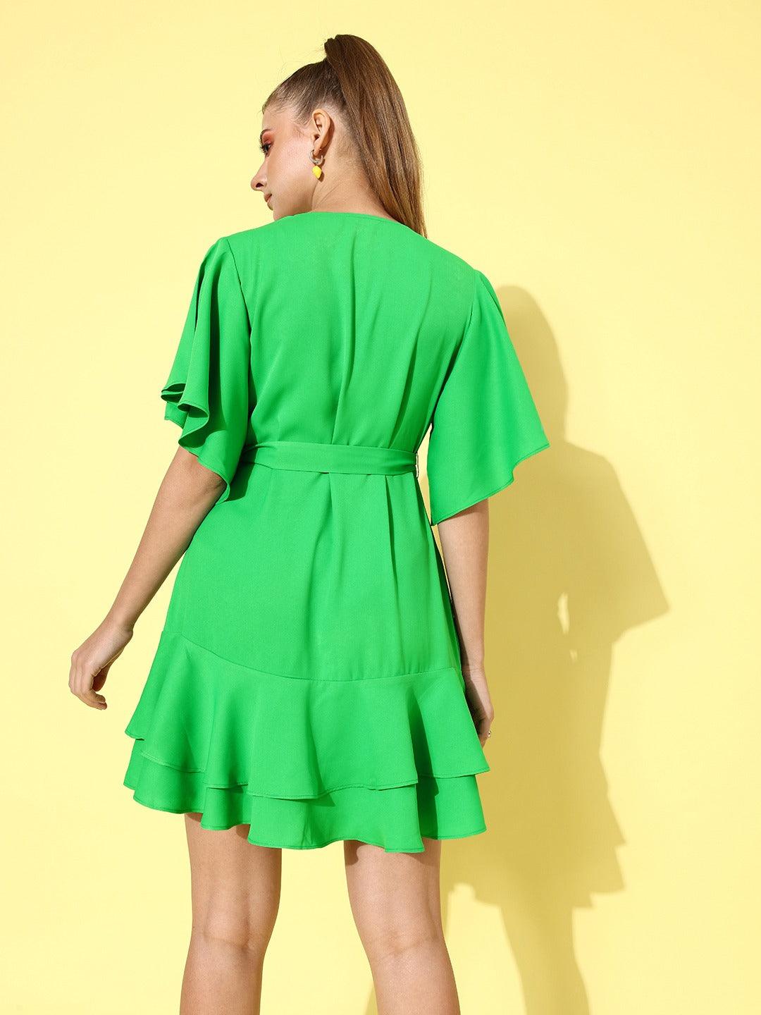 Style Quotient Women Green Solid Wrap Dress-Dresses-StyleQuotient