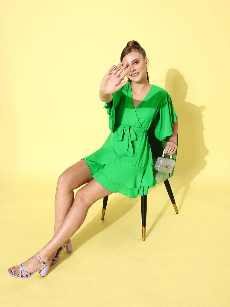 Style Quotient Women Green Solid Wrap Dress-Dresses-StyleQuotient