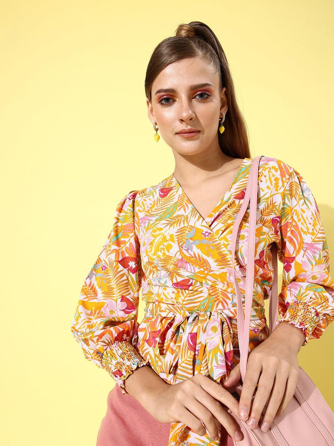 Style Quotient Women White & Mustard Yellow Tropical Print Wrap Top-Tops-StyleQuotient