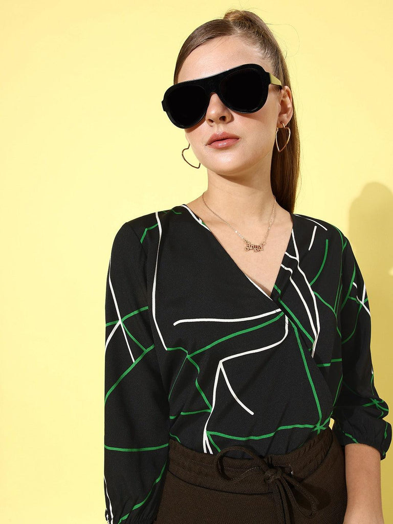 Style Quotient Women Black & Green Geometric Print Wrap Top-Tops-StyleQuotient