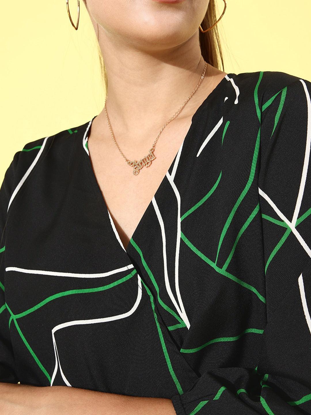 Style Quotient Women Black & Green Geometric Print Wrap Top-Tops-StyleQuotient