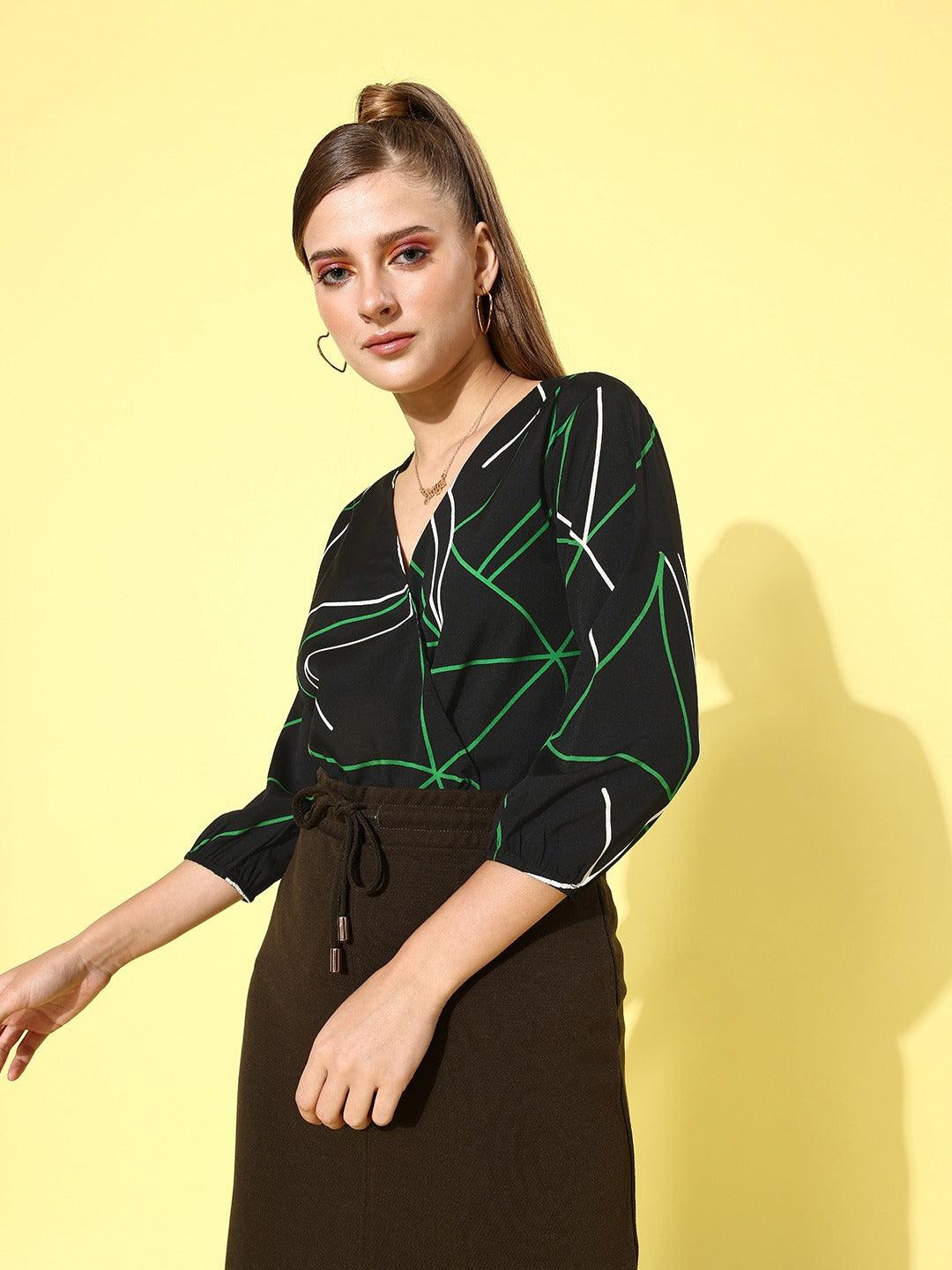 Style Quotient Women Black & Green Geometric Print Wrap Top-Tops-StyleQuotient