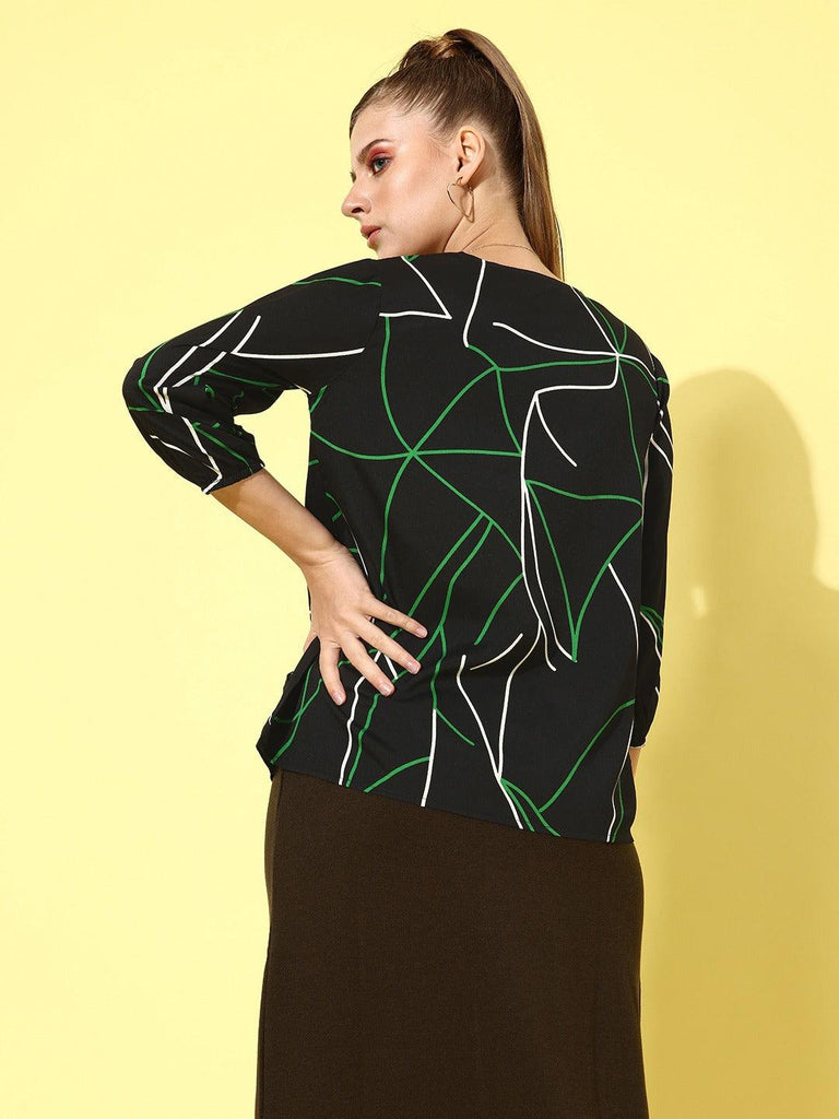 Style Quotient Women Black & Green Geometric Print Wrap Top-Tops-StyleQuotient