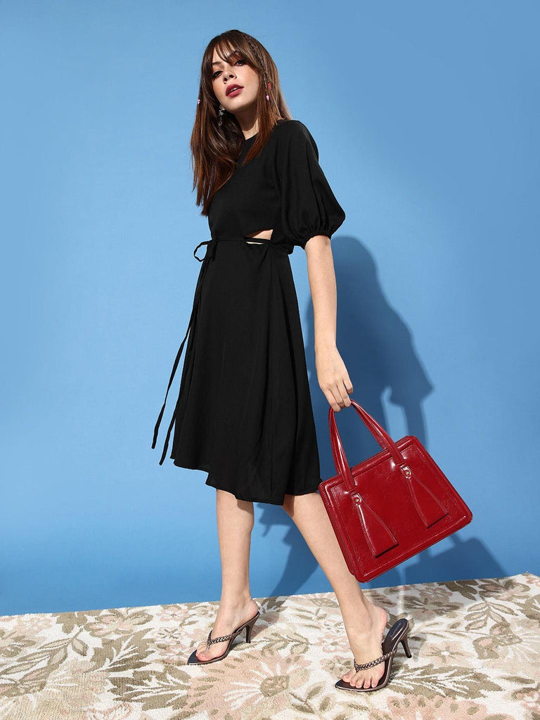 Style Quotient Women Black Waist Cutout Crepe Dress-Dresses-StyleQuotient