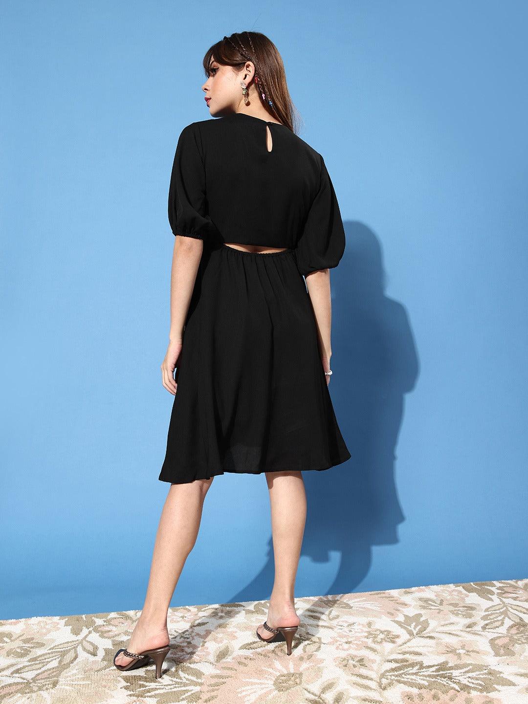 Style Quotient Women Black Waist Cutout Crepe Dress-Dresses-StyleQuotient