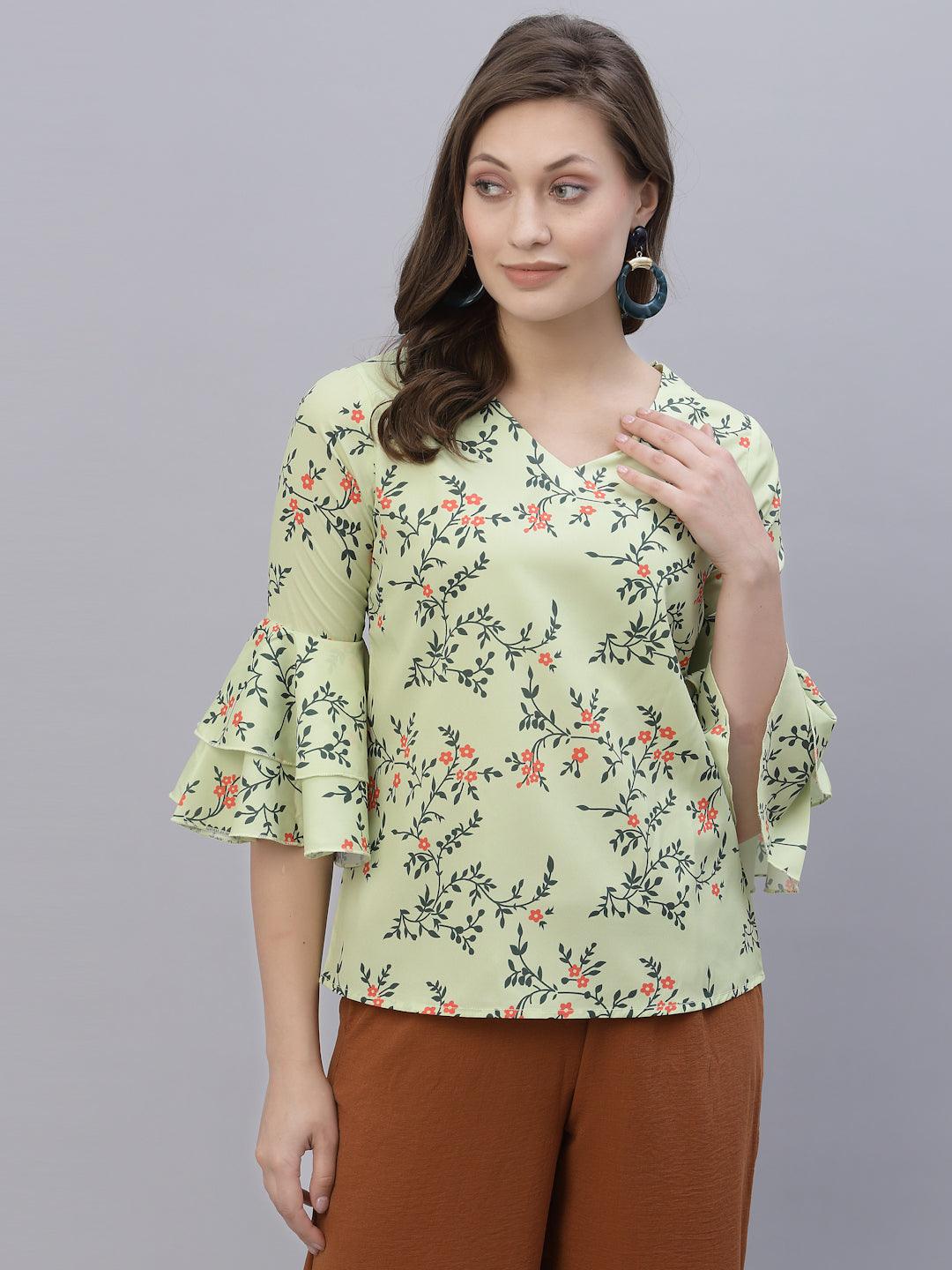 Style Quotient Women Yellow Floral Print Crepe Wrap Top-Tops-StyleQuotient