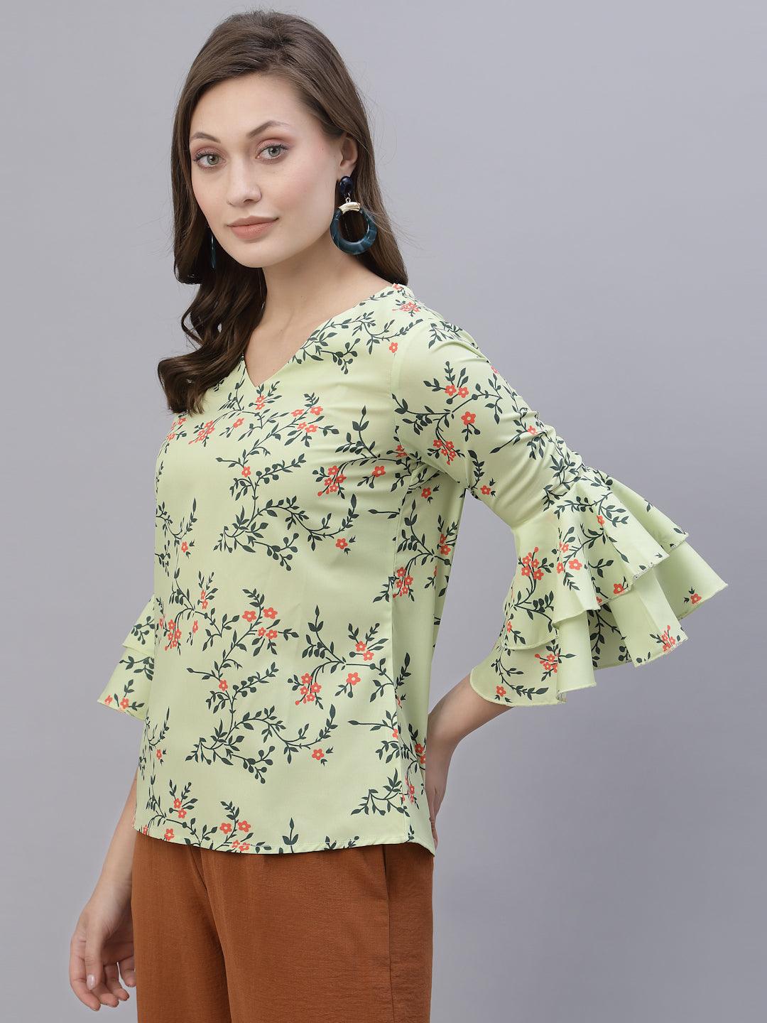 Style Quotient Women Yellow Floral Print Crepe Wrap Top-Tops-StyleQuotient