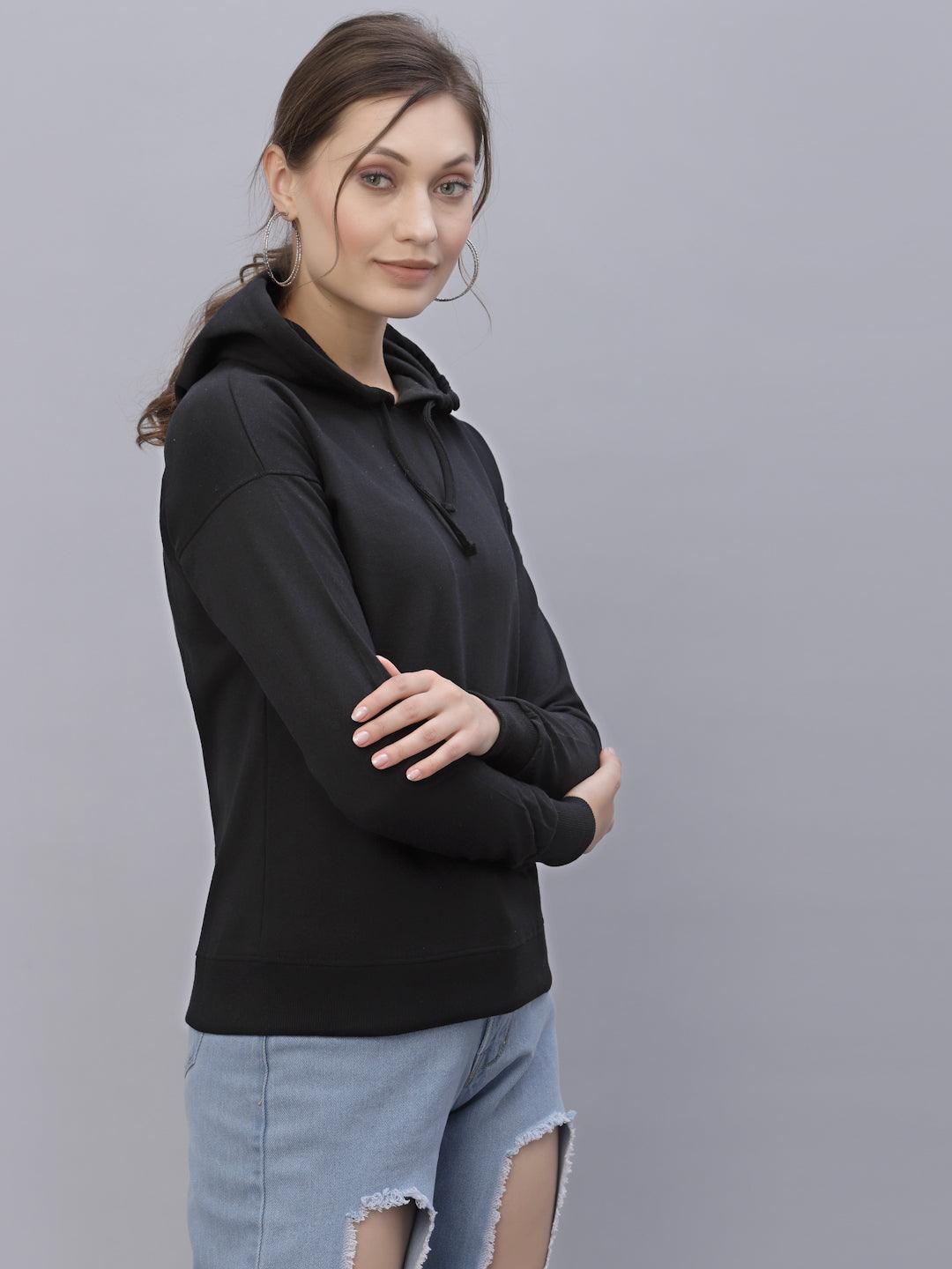 Style Quotient Women Black Hooded Sweatshirt-Sweaters-StyleQuotient