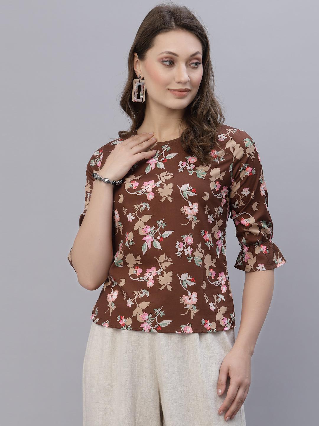 Style Quotient Women Brown and Multi Floral Printed Polyester Smart Casual Top-Tops-StyleQuotient