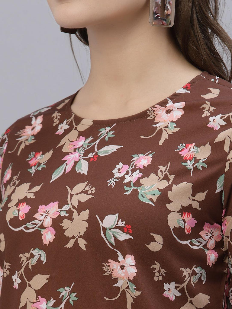 Style Quotient Women Brown and Multi Floral Printed Polyester Smart Casual Top-Tops-StyleQuotient