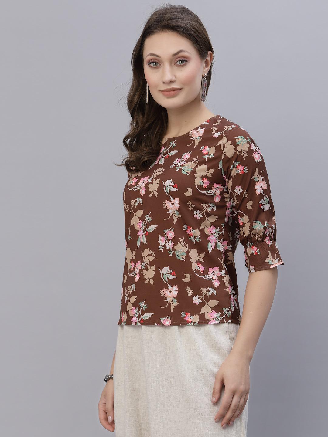Style Quotient Women Brown and Multi Floral Printed Polyester Smart Casual Top-Tops-StyleQuotient