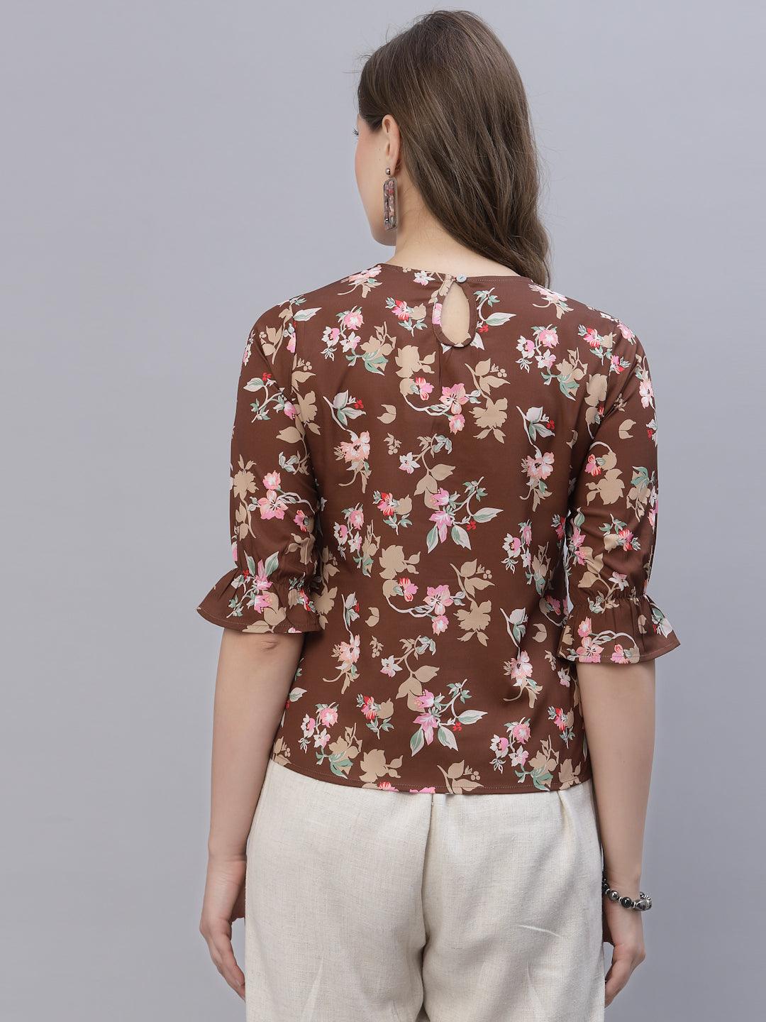 Style Quotient Women Brown and Multi Floral Printed Polyester Smart Casual Top-Tops-StyleQuotient
