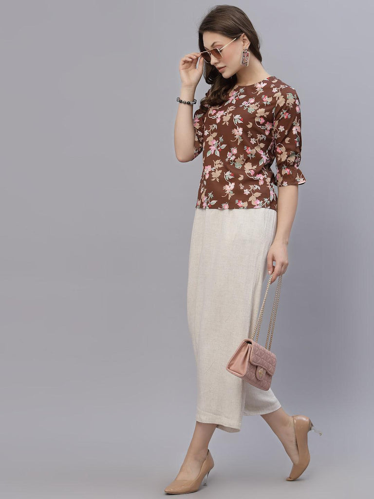 Style Quotient Women Brown and Multi Floral Printed Polyester Smart Casual Top-Tops-StyleQuotient