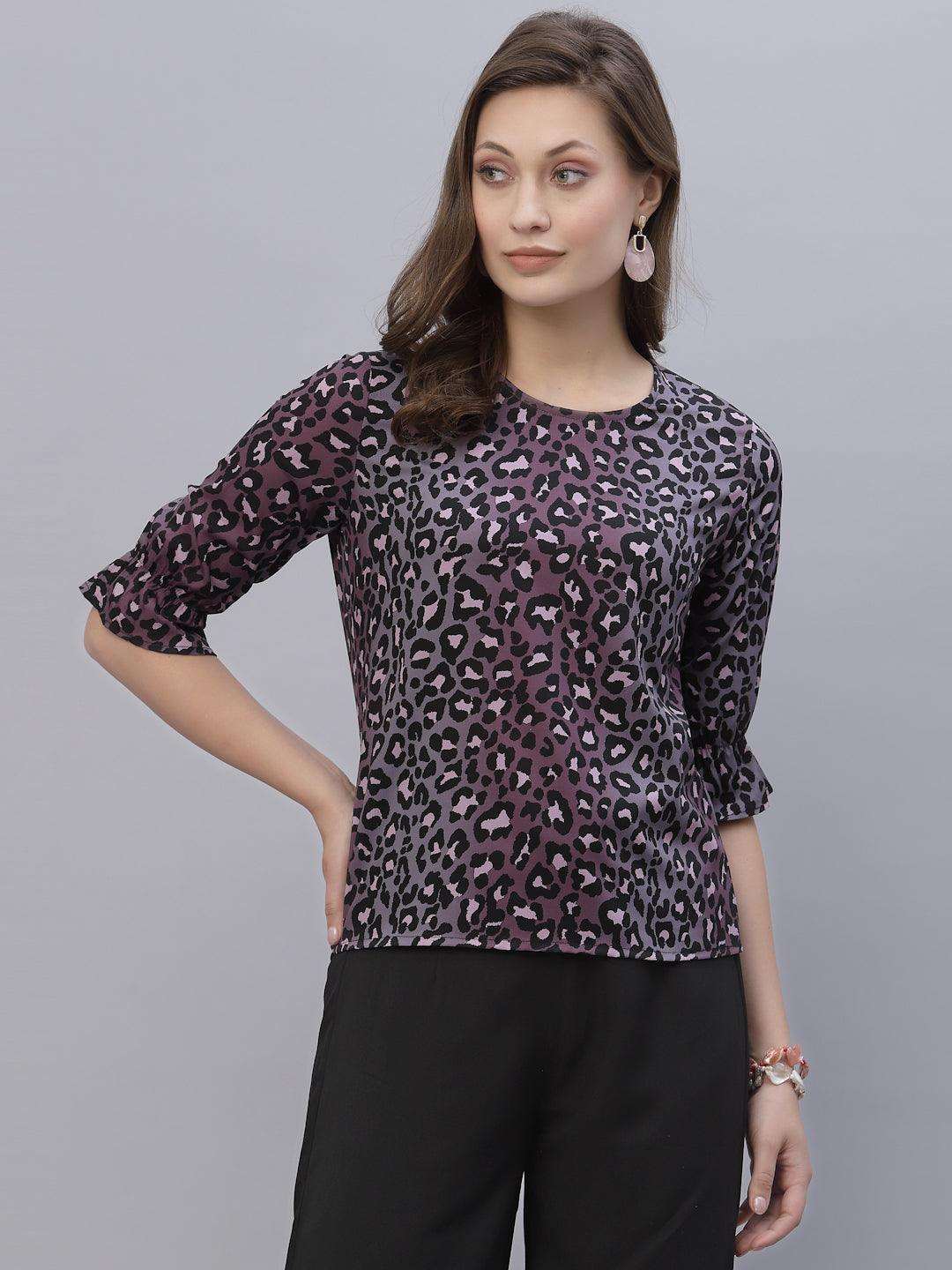 Style Quotient Women Purple and Black Animal Printed Polyester Smart Casual Top-Tops-StyleQuotient