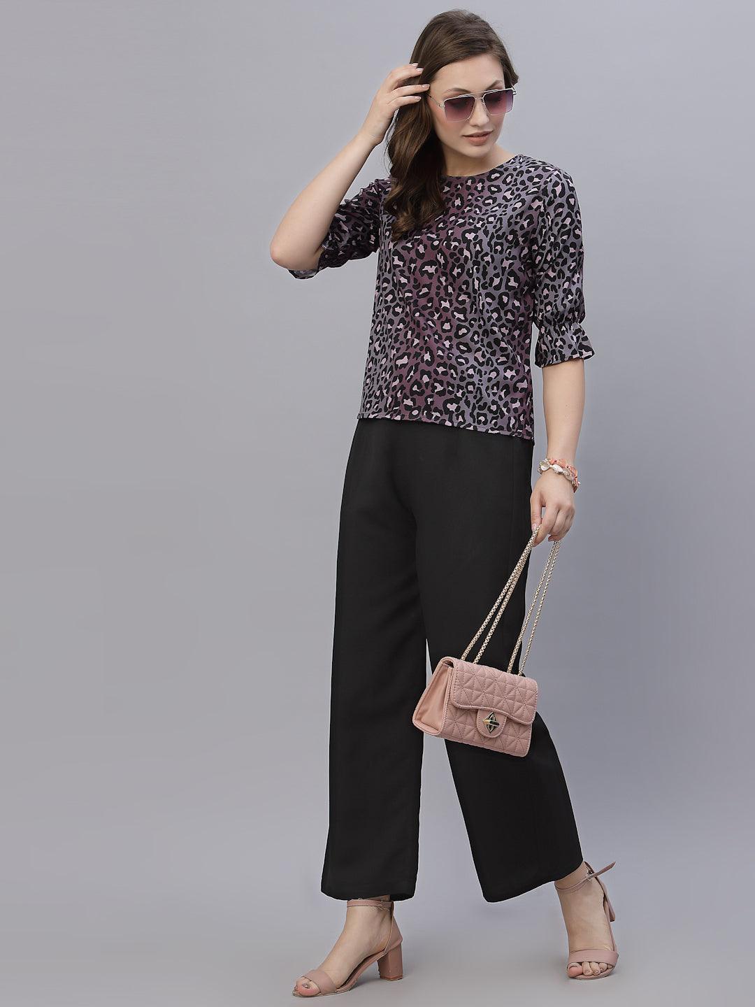 Style Quotient Women Purple and Black Animal Printed Polyester Smart Casual Top-Tops-StyleQuotient