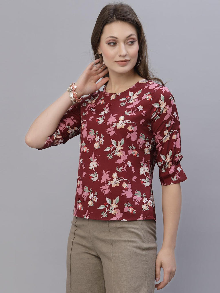 Style Quotient Women Maroon and Multi Floral Printed Polyester Smart Casual Top-Tops-StyleQuotient