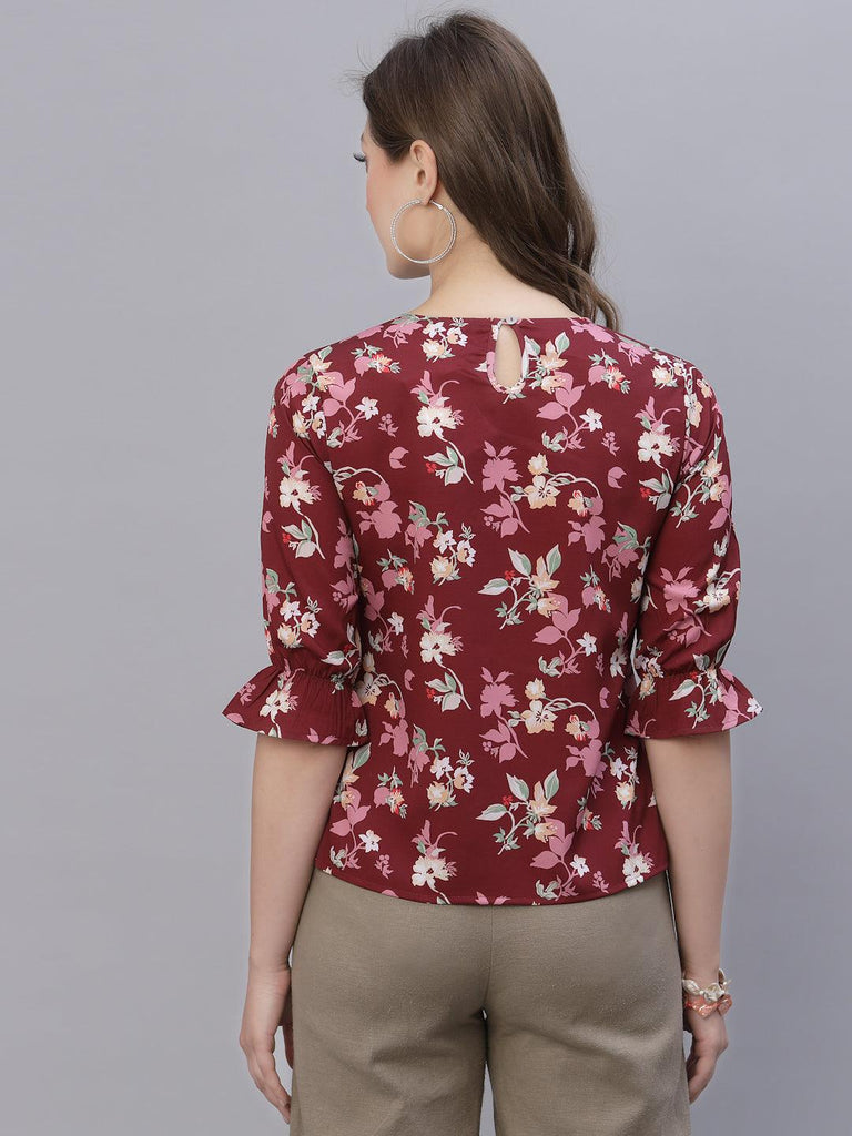 Style Quotient Women Maroon and Multi Floral Printed Polyester Smart Casual Top-Tops-StyleQuotient
