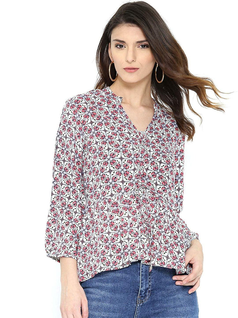 Style Quotient Women Off White Mandarin Collar Floral Fashion Tops-Tops-StyleQuotient