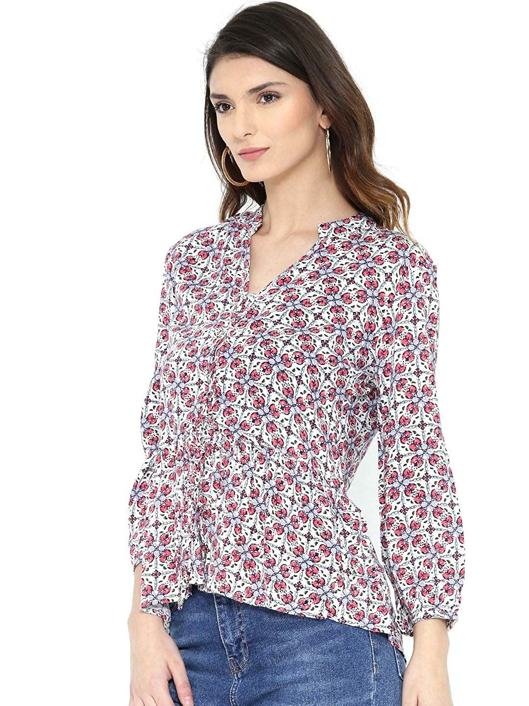 Style Quotient Women Off White Mandarin Collar Floral Fashion Tops-Tops-StyleQuotient