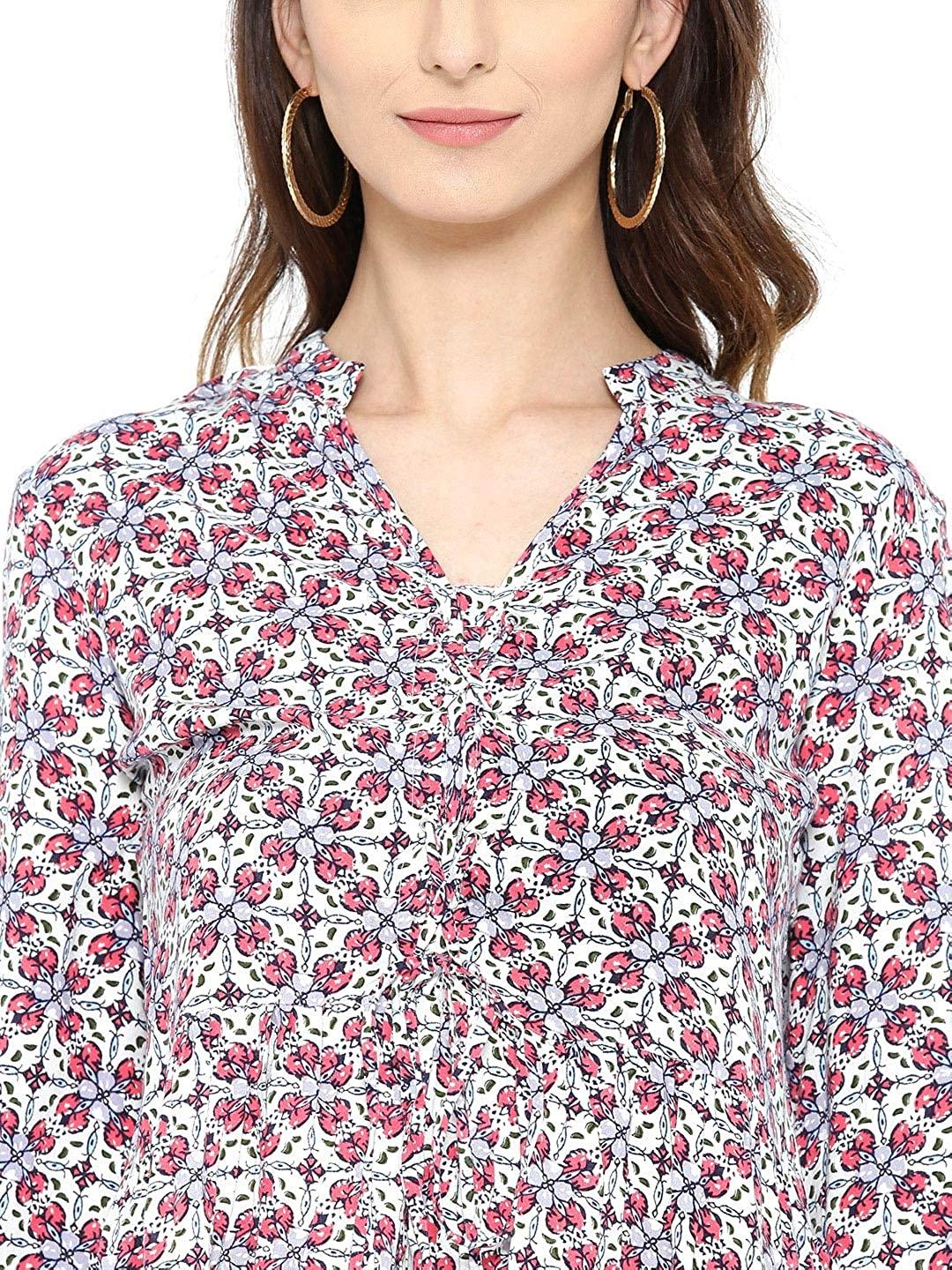 Style Quotient Women Off White Mandarin Collar Floral Fashion Tops-Tops-StyleQuotient