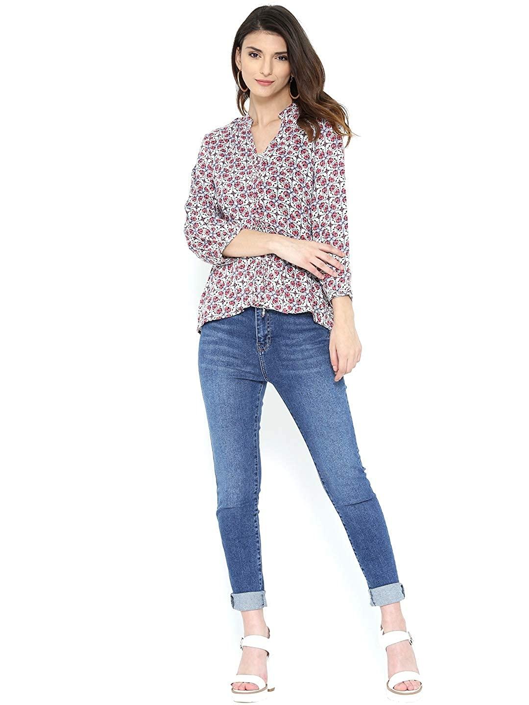 Style Quotient Women Off White Mandarin Collar Floral Fashion Tops-Tops-StyleQuotient