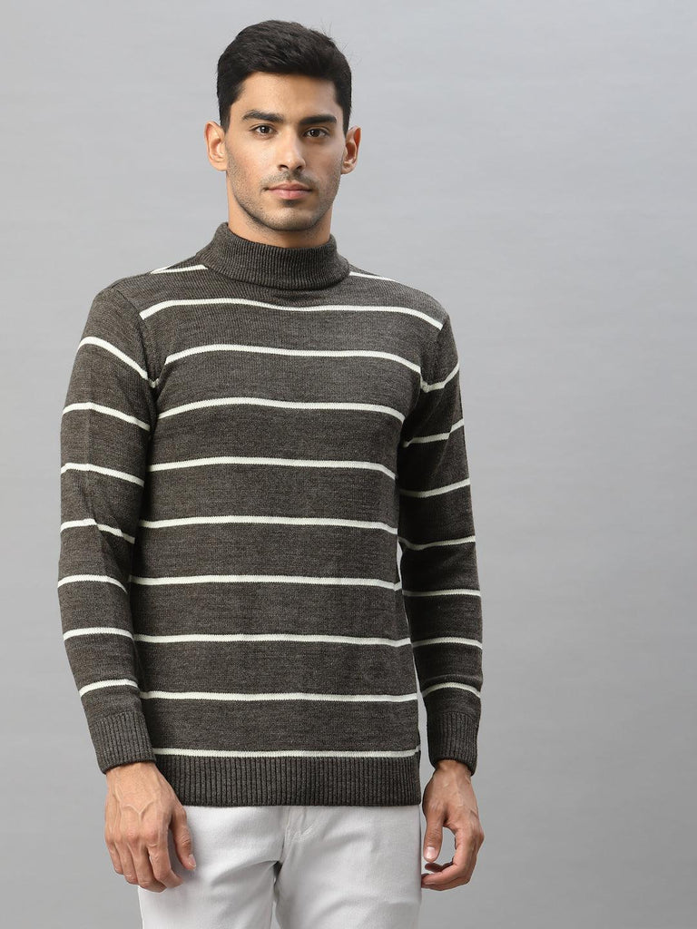 Style Quotient Men Brown & White Striped Pullover-Men's Sweaters-StyleQuotient