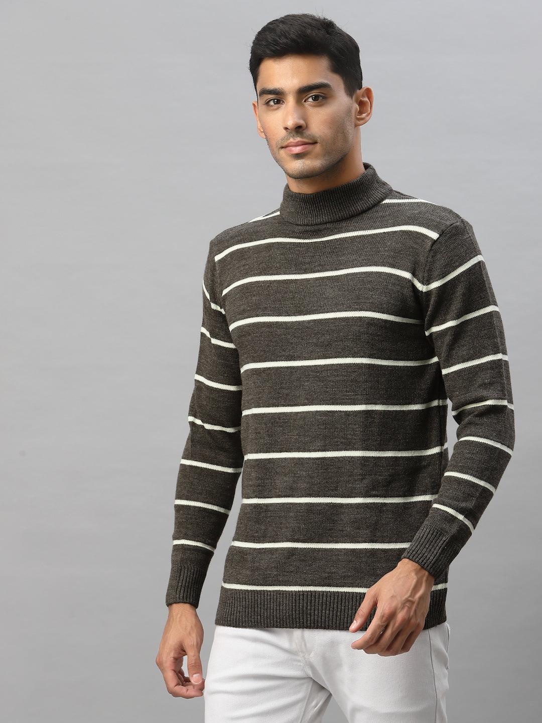 Style Quotient Men Brown & White Striped Pullover-Men's Sweaters-StyleQuotient