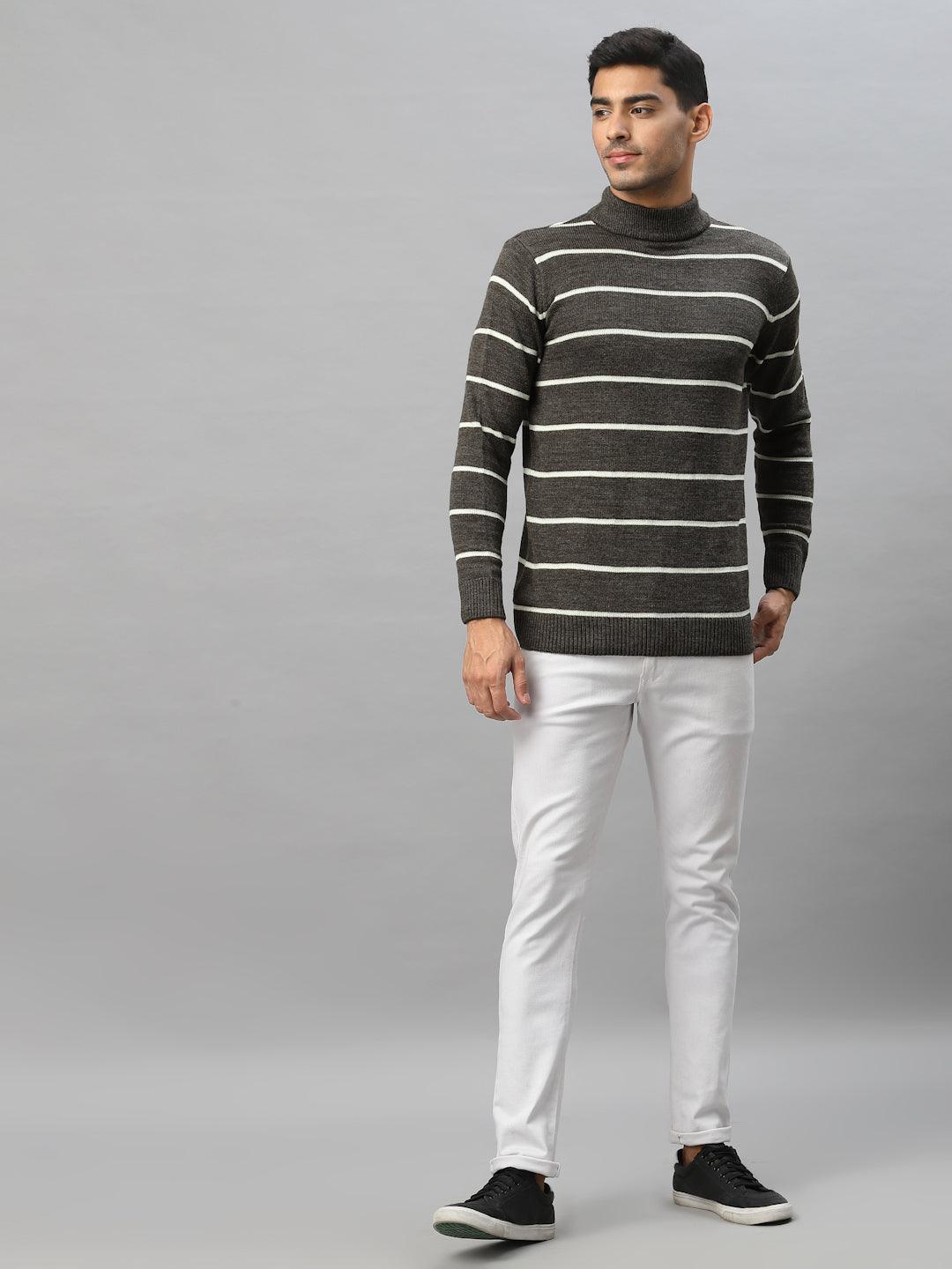 Style Quotient Men Brown & White Striped Pullover-Men's Sweaters-StyleQuotient