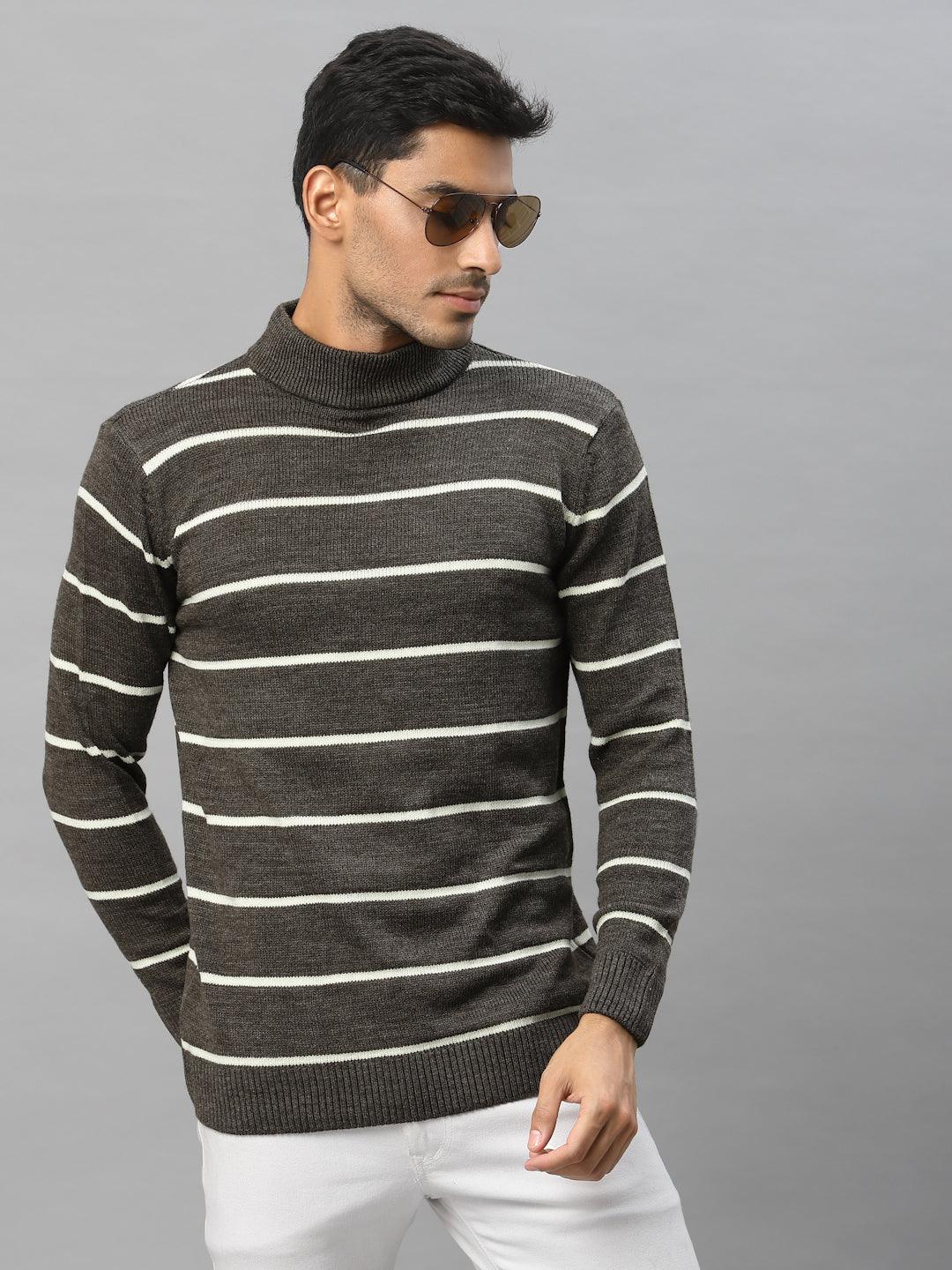 Style Quotient Men Brown & White Striped Pullover-Men's Sweaters-StyleQuotient