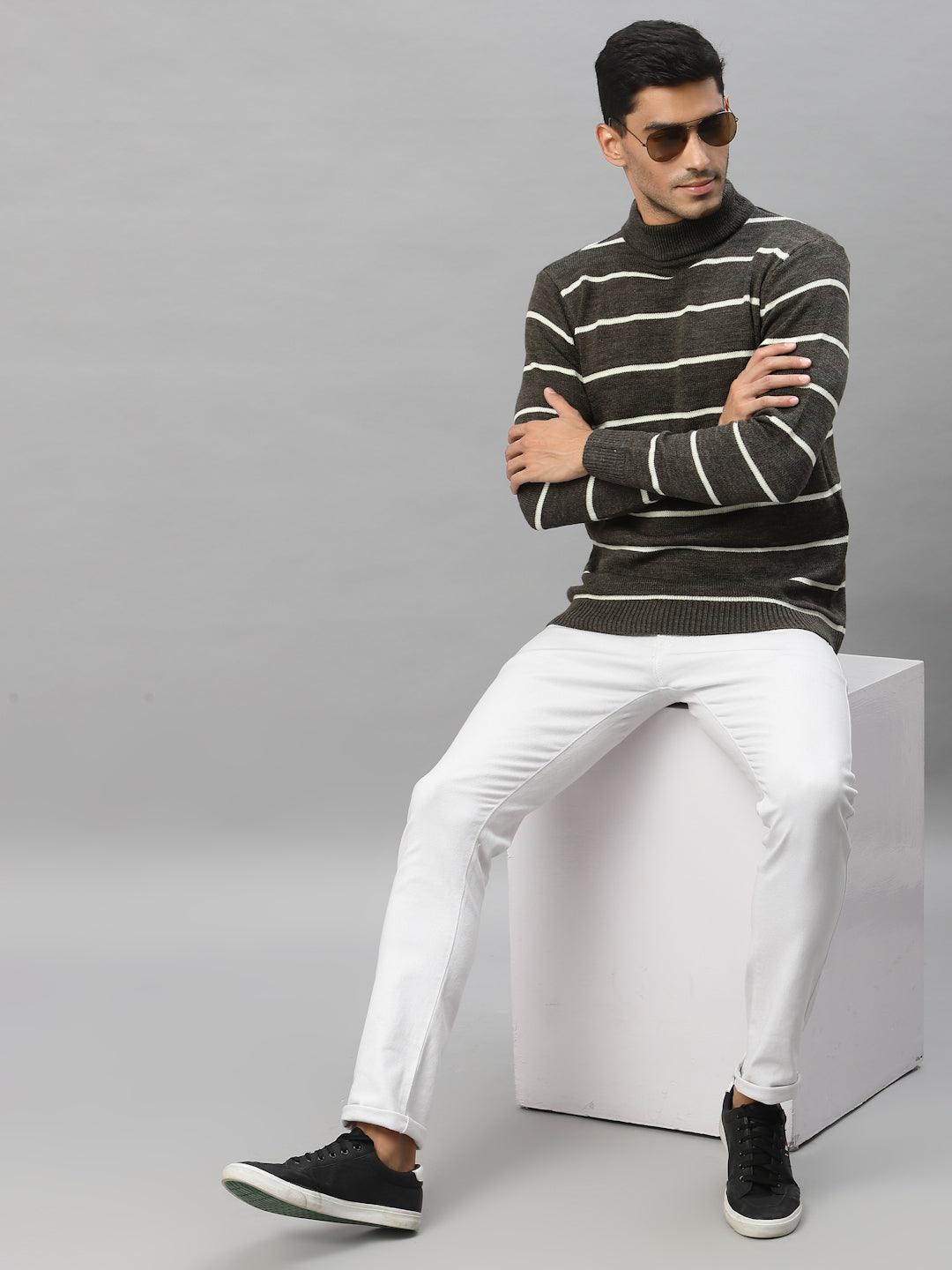 Style Quotient Men Brown & White Striped Pullover-Men's Sweaters-StyleQuotient