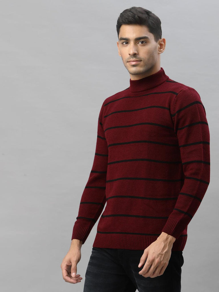 Style Quotient Men Maroon & Black Striped Pullover-Men's Sweaters-StyleQuotient