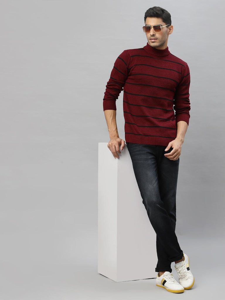 Style Quotient Men Maroon & Black Striped Pullover-Men's Sweaters-StyleQuotient