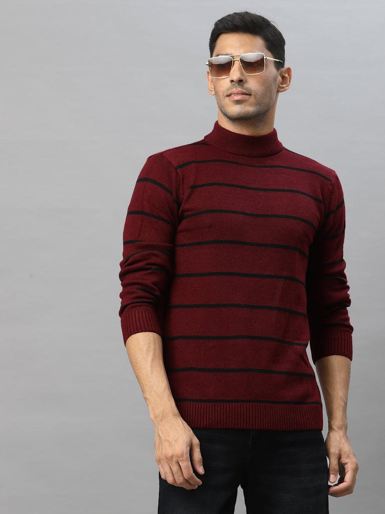 Style Quotient Men Maroon & Black Striped Pullover-Men's Sweaters-StyleQuotient