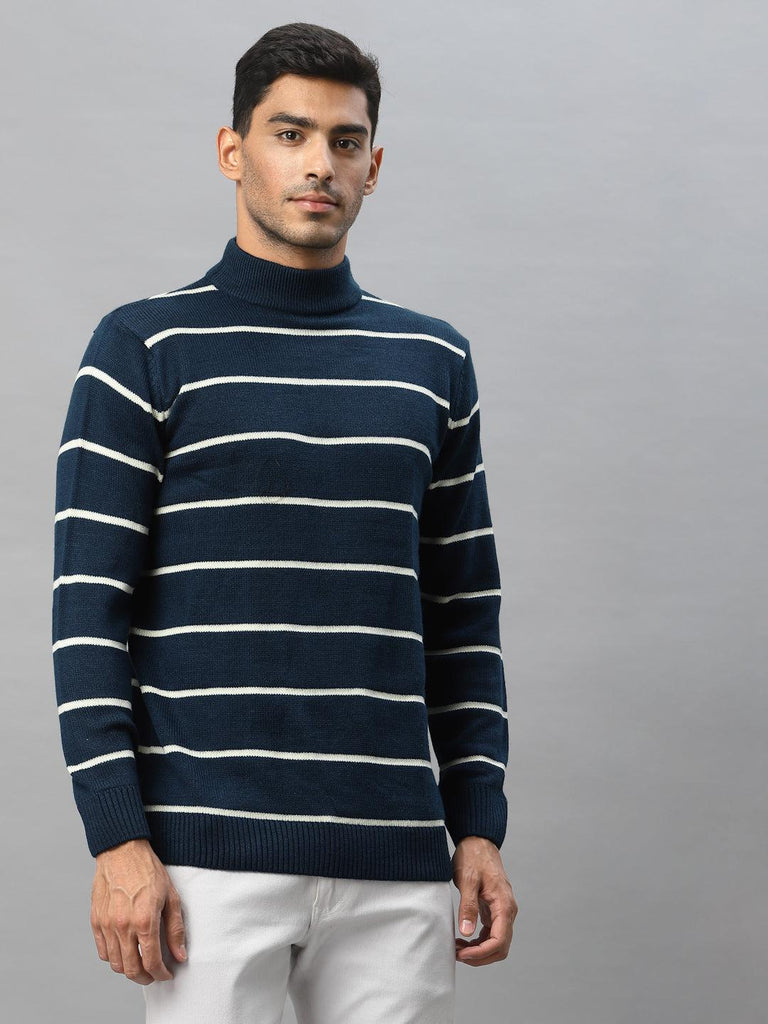 Style Quotient Men Teal & White Striped Sweater Vest-Men's Sweaters-StyleQuotient