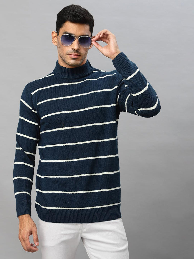 Style Quotient Men Teal & White Striped Sweater Vest-Men's Sweaters-StyleQuotient