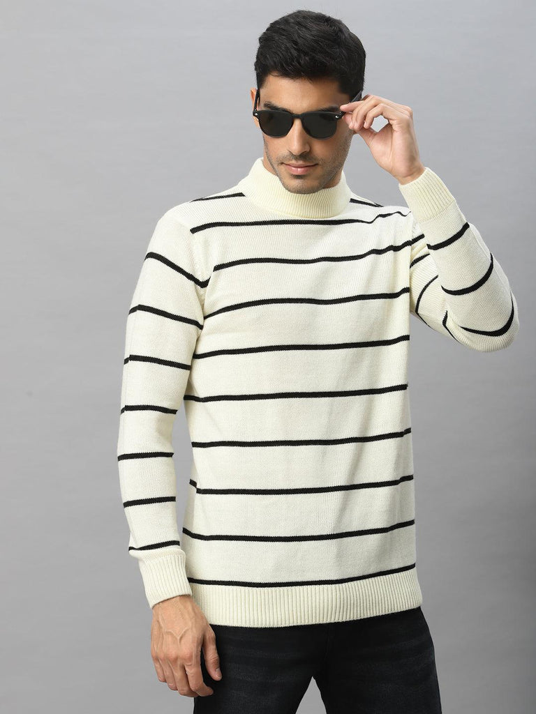 Style Quotient Men Off White & Black Striped Sweater Vest-Men's Sweaters-StyleQuotient
