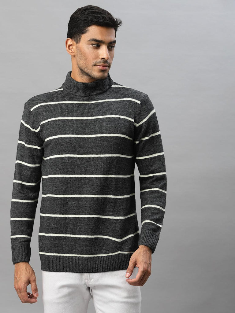 Style Quotient Men Grey & White Striped Pullover-Men's Sweaters-StyleQuotient