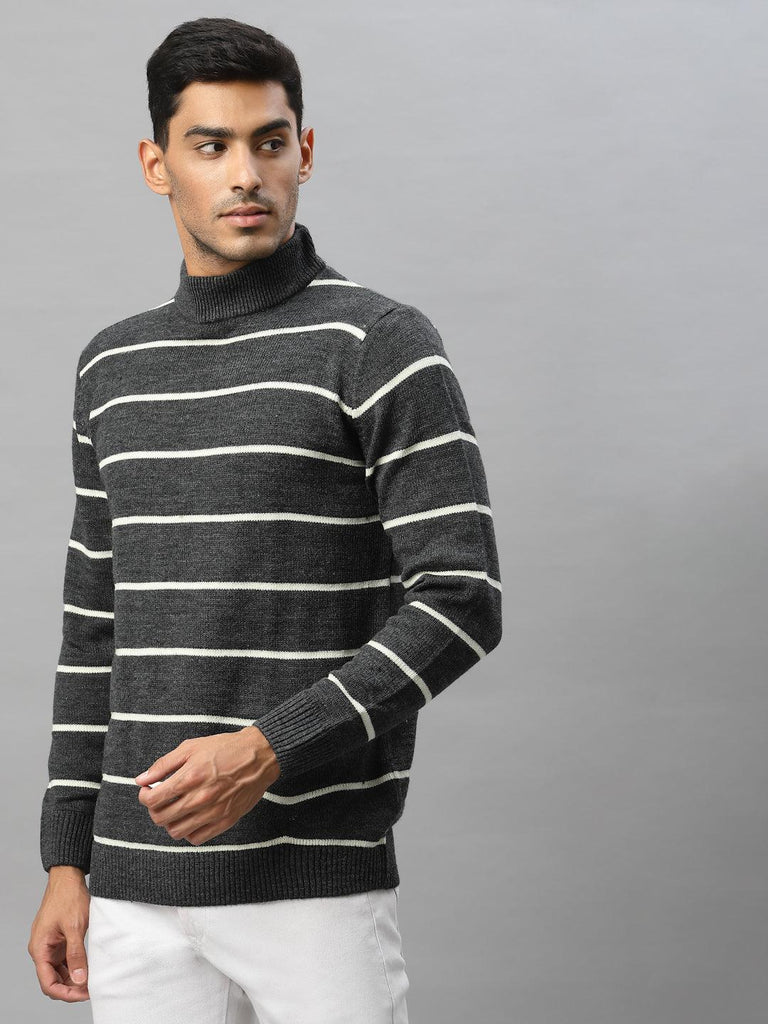 Style Quotient Men Grey & White Striped Pullover-Men's Sweaters-StyleQuotient