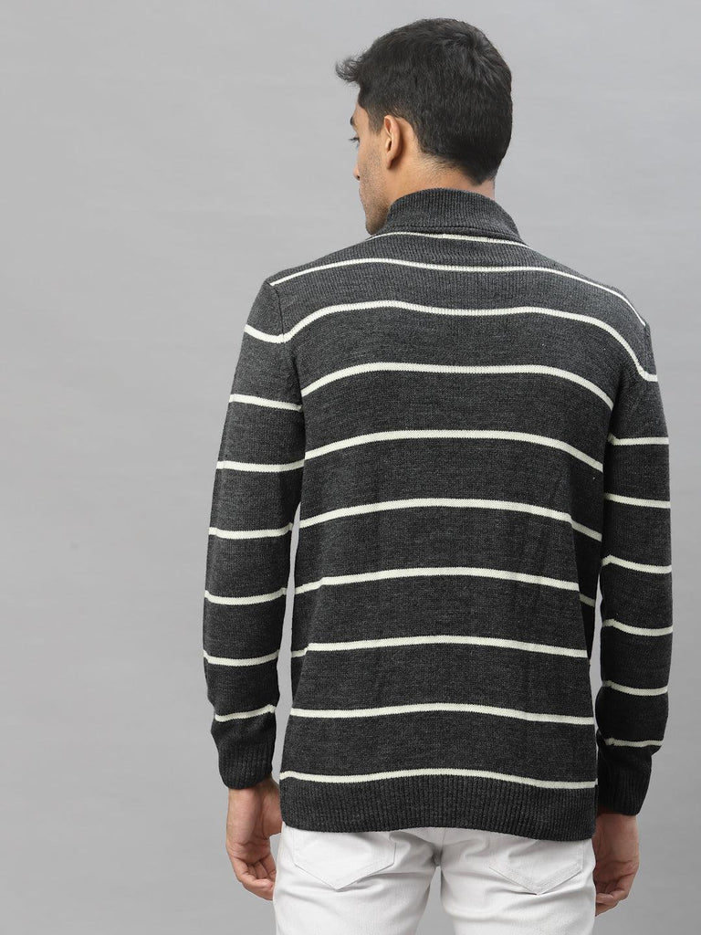 Style Quotient Men Grey & White Striped Pullover-Men's Sweaters-StyleQuotient