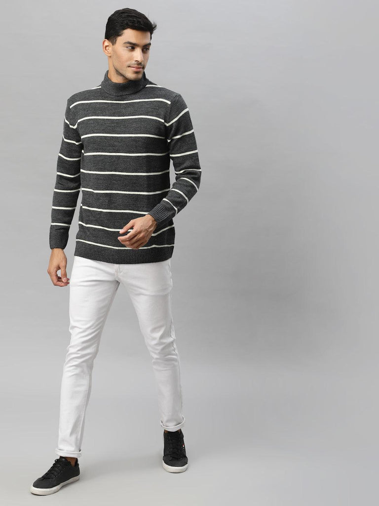 Style Quotient Men Grey & White Striped Pullover-Men's Sweaters-StyleQuotient