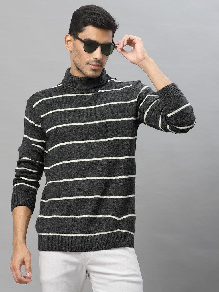 Style Quotient Men Grey & White Striped Pullover-Men's Sweaters-StyleQuotient